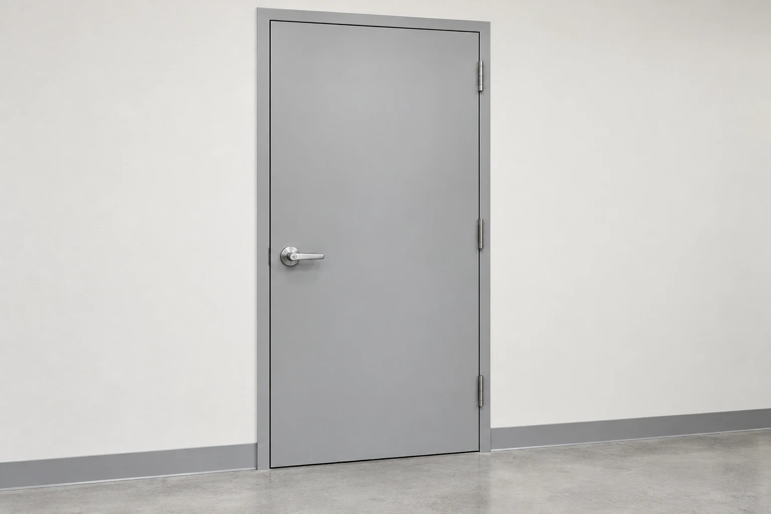 Illustrative gray hollow metal door and matching frame with satin chrome lever hardware.